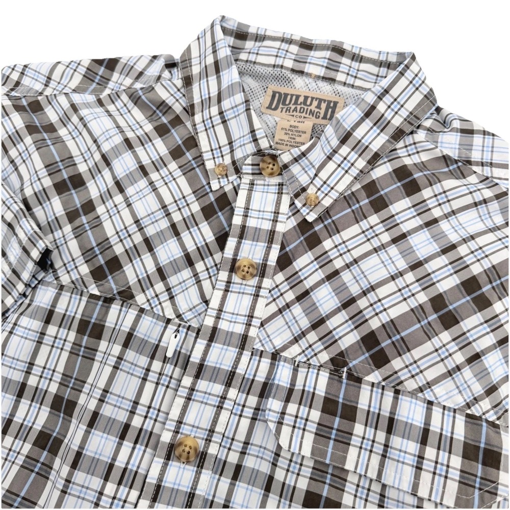 Duluth Trading Co Mens LT Tall Grey Blue Plaid Short Sleeve Utility Fishing